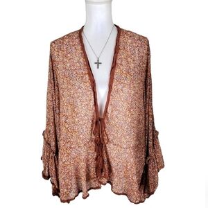 Free People~Woman Size PS~Brown/Blue Boho Long Sleeve Tunic Top Tie Front.